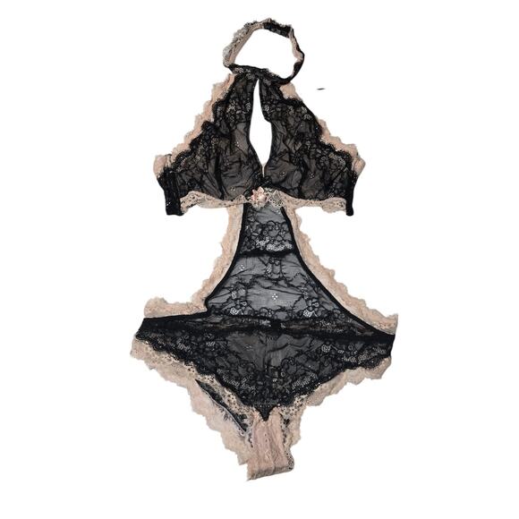 Adore Me Women's Brescia Unlined Sheer Lace Bodysuit Black And Pink NWT Size L - Picture 1 of 13